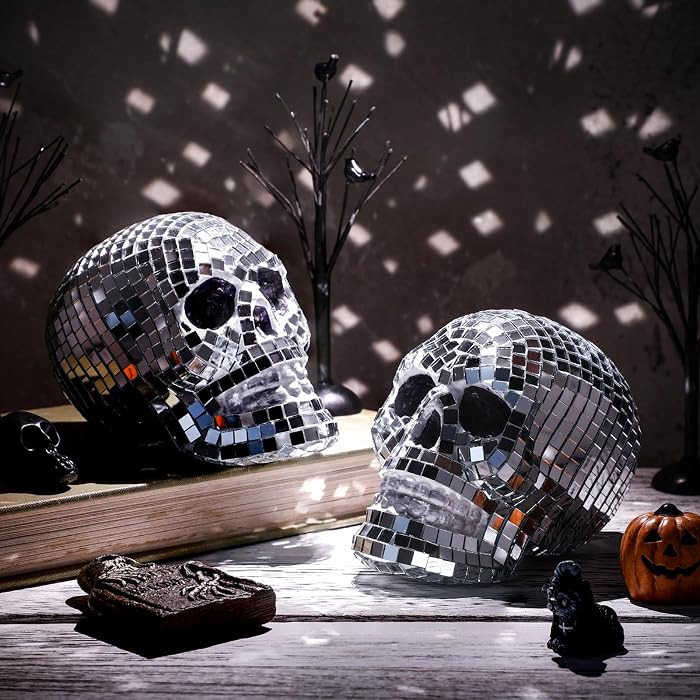 WinnerWhy 2 Pcs 3D Disco Skull Decorations, Mirror Ball Skeleton Head | Amazon (US)