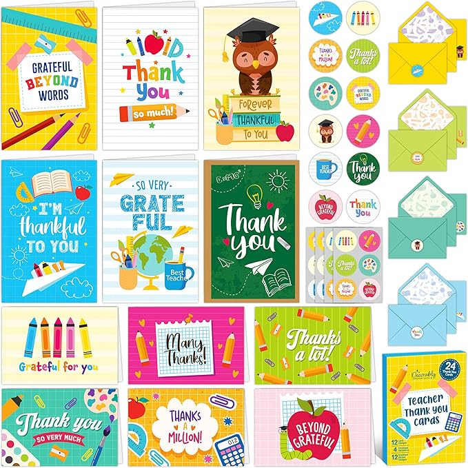 Decorably 24 Pack 6x4in Teacher Thank You Cards with Envelopes and Stickers, 12 Colorful Designs ... | Amazon (US)