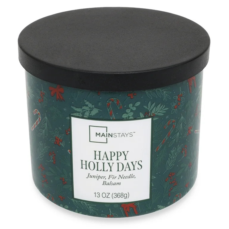 Mainstays 3-Wick Happy Holly Days Scented Candle with a Green Garland Toss Scene Wrap, 13-Ounce | Walmart (US)