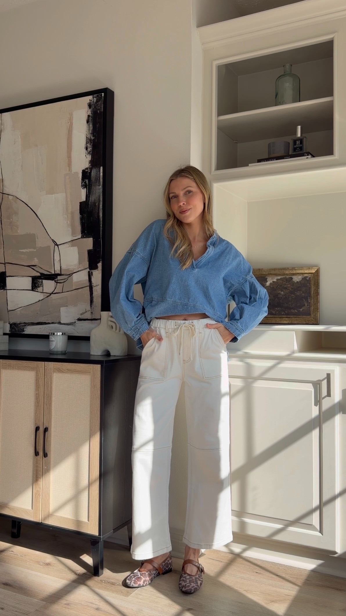 Cute pullover denim top, with stretchy denim! Wearing M in top + 4 in jeans.  

 #LTKootd #LTKTall #LTKFindsUnder100