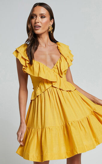 Amalie The Label - Hescia Linen Blend Frill Detail Low Back Mini Dress in Warm Yellow Gold | Showpo (US, UK & Europe)