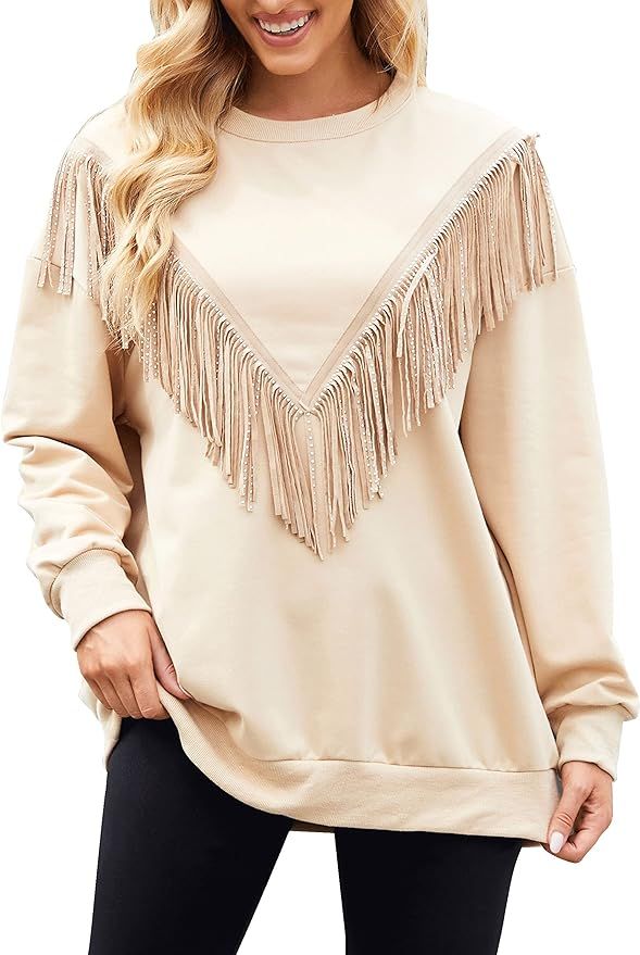 Women's Novelty Oversized Sweatshirt Crewneck Long Sleeve Fringe Trim Shirt Pullover Tops | Amazon (US)