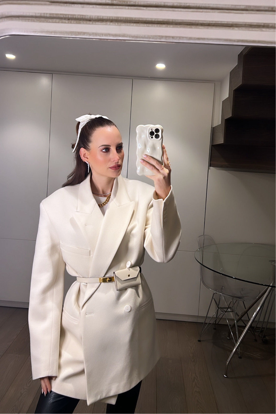 Cream blazer dress, Raey blazer, Hermes pocket belt, cream hair bow, spring outfit, transitional outfit, oversized blazer, neutral outfit, monochrome outfit 

#LTKeurope #LTKstyletip #LTKSeasonal