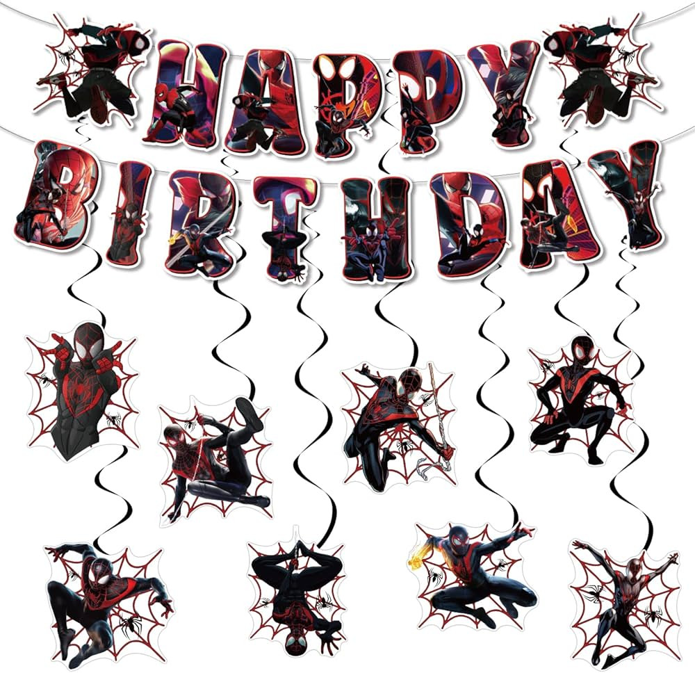 Miles Morales Birthday Decorations Cartoon Spider Party Decorations Banner and Hanging Swirls for... | Amazon (US)
