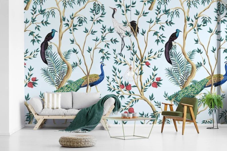 Exotic Garden Peacock Floral Wallpaper  Pattern Wall Mural  | Etsy | Etsy (US)