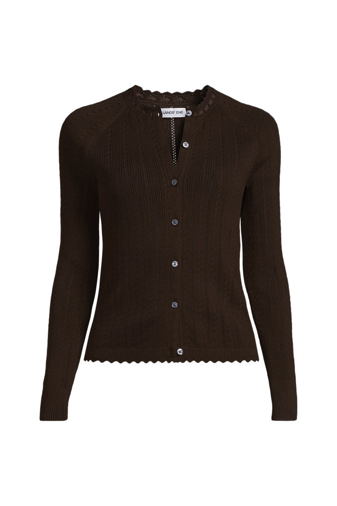 Women's Plus Size Cotton Pointelle Satin Trim Cardigan Sweater - Lands' End - Brown - 1X | Lands' End (US)