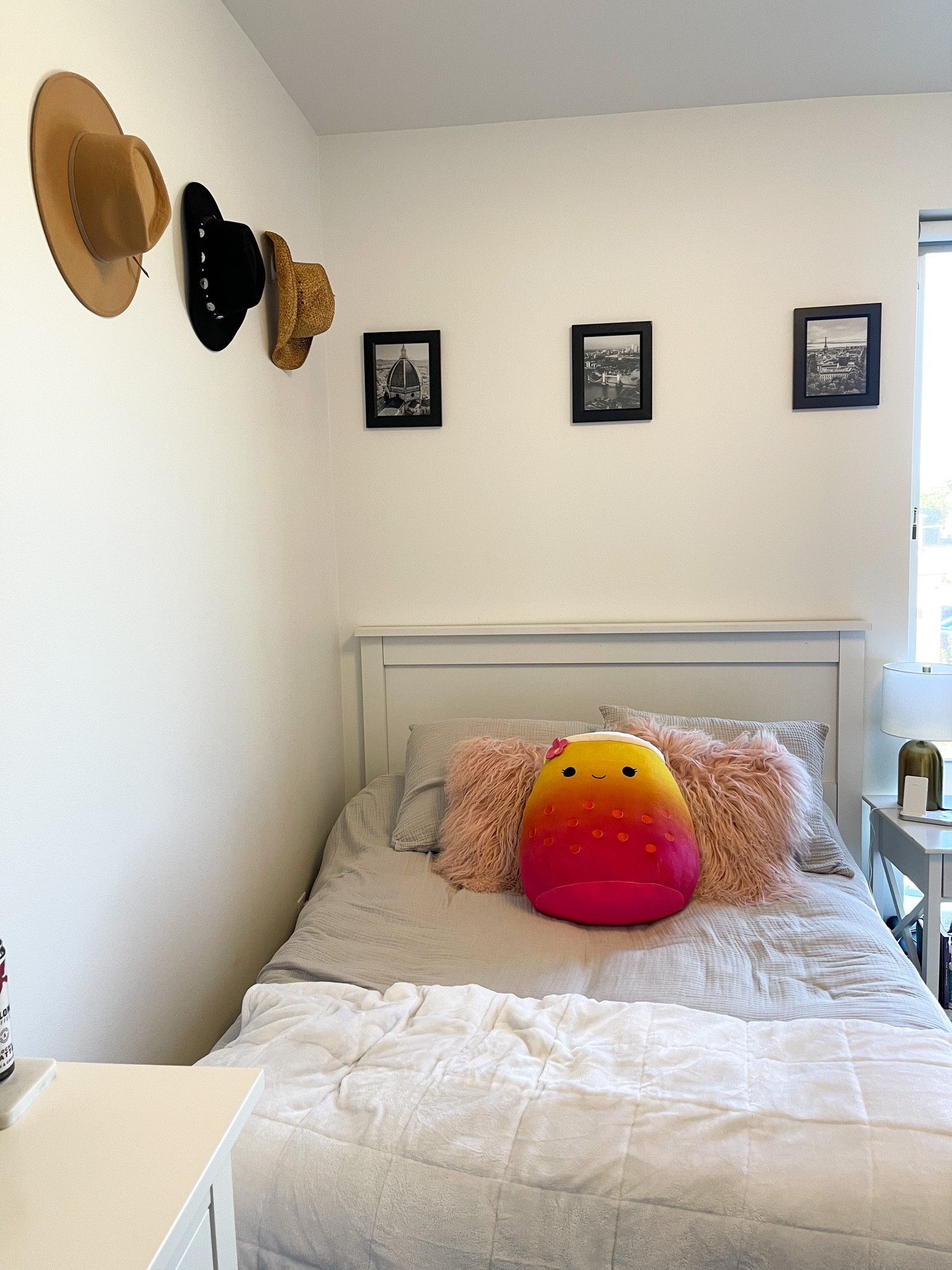 Grey and pink bed decor featuring travel photos and fashion finds 

#LTKunder100 #LTKstyletip #LTKhome