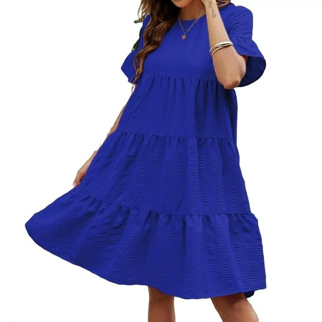 Womens Smock Dress Plain Tiered Layer Round Neck Blue L | Walmart (US)