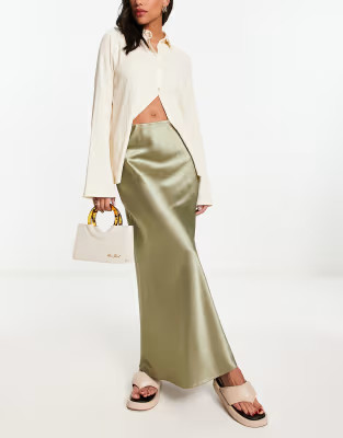 Miss Selfridge satin bias maxi skirt in khaki | ASOS (Global)