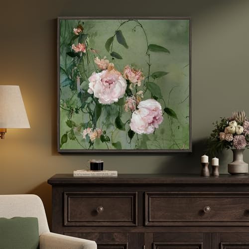 Framed Vintage Floral Square Wall Art, Pink and Green Retro Botanical Watercolor Flower Canvas Painting Prints, French Country Cottage Core Elegant Peony Artwork for Bedroom Living Room Office, 24x24 | Amazon (US)