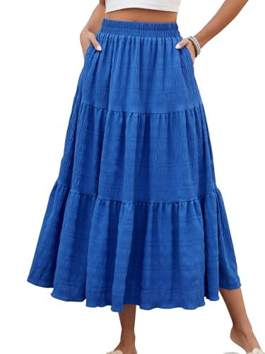 HUSKARY Long Flowy Skirts for Women Summer Trendy Smock 3 Tiered Maxi Skirt High Waisted Layered Loose Skirt with Pockets,Blue | Amazon (US)