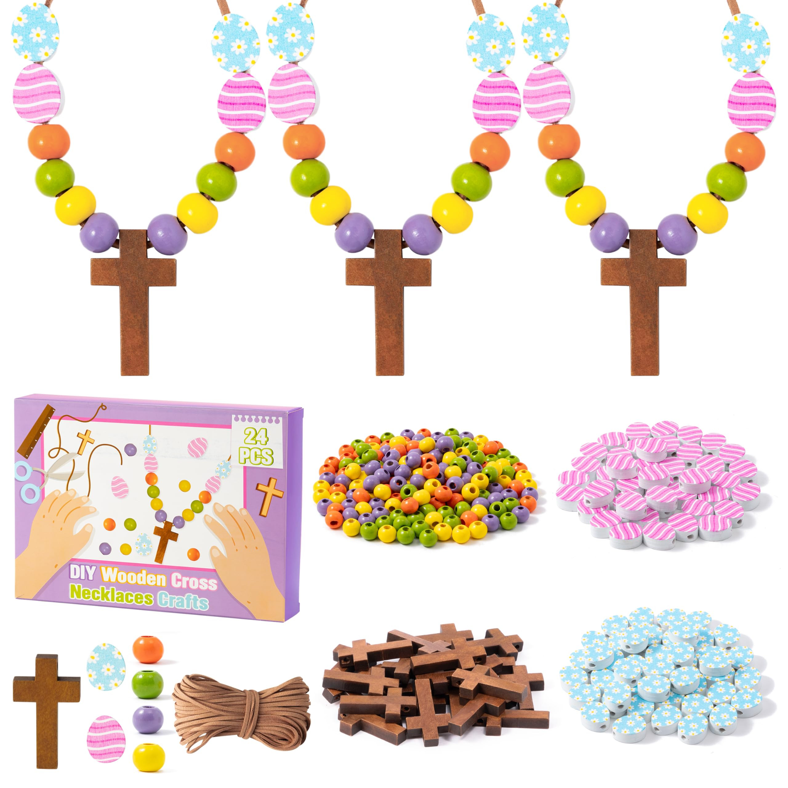 BeYumi Easter Cross Necklace Craft - 24Pcs Easter Christian Wooden Cross Eggs Beads Necklace Craf... | Amazon (US)