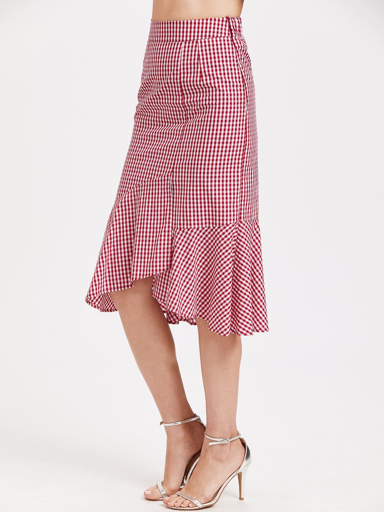 Red Gingham Ruffle Trim Asymmetric Skirt | SHEIN