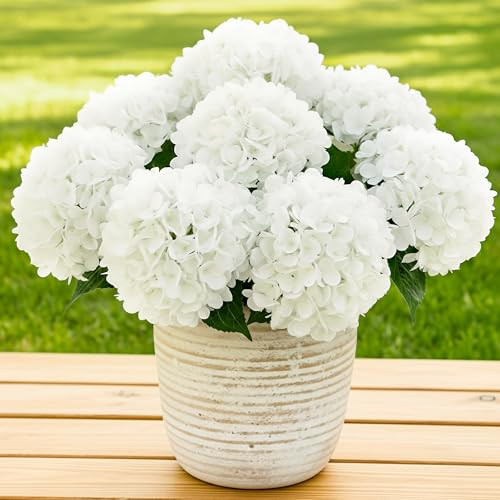 Auihiay 6 Bundles Hydrangea Artificial Flowers for Outdoors and Indoor, Bulk 30 Heads, UV Resistant Faux Hydrangea Flowers for Garden, Porch, Yard, Window Box & Outdoor Wedding Decoration (White) | Amazon (US)