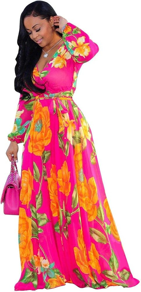 Nuofengkudu Womens Chiffon Deep V-Neck Stripe Printed Maxi Dress Unique Loose Summer Boho Dresses... | Amazon (US)