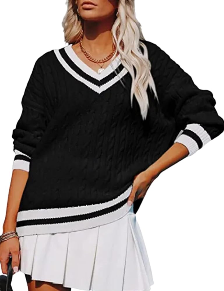 InterNos Women's Casual V Neck Long Sleeve Sweater Trendy Striped Pullover Cable Knit Preppy Swea... | Amazon (US)