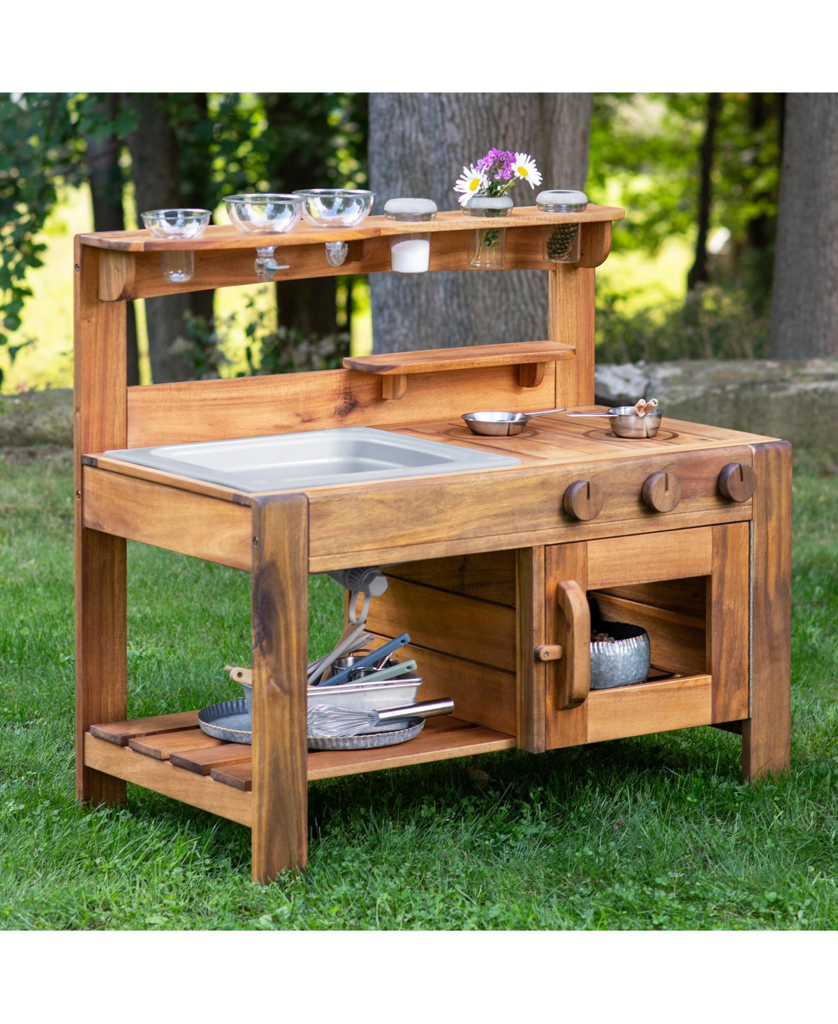 Guidecraft Acadia Kids' Outdoor Mud Kitchen Playset - Pretend Play Kitchen with Sink, Stove, and Accessories | Wooden Backyard Playset - Acacia | Macy's