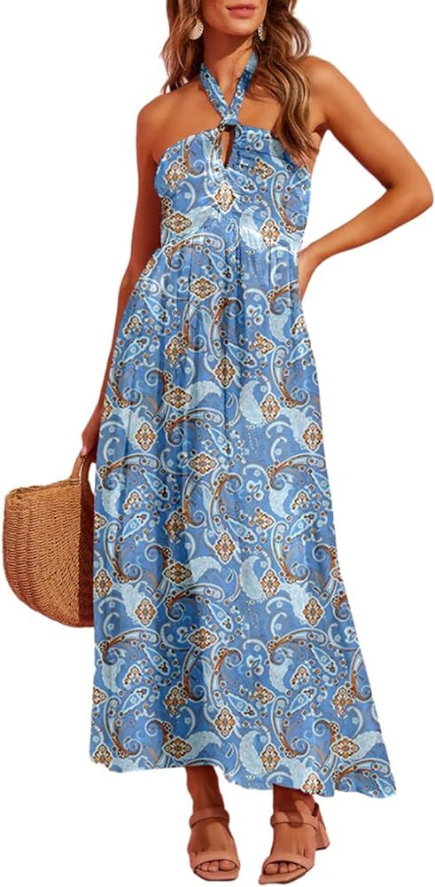 Dokotoo Women's Summer Dresses Halter Neck Sleeveless Backless Flowy A Line Boho Maxi Dress | Amazon (US)