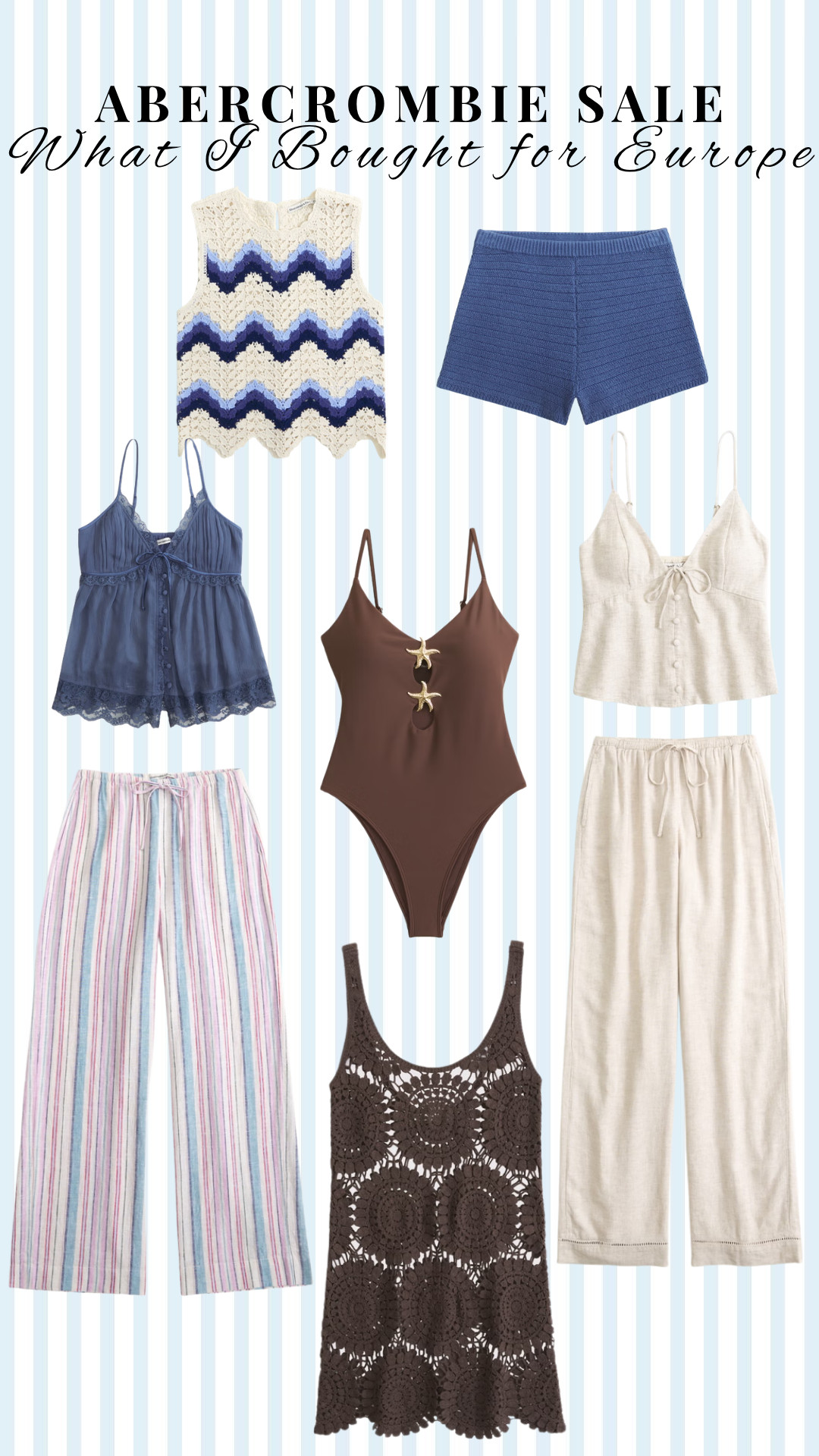 Everything I bought from Abercrombie for my upcoming trip to Europe, and you can get any of these pieces on sale today!

Dresses are 25% OFF today only, and almost everything else is 20% off! 

You can get an extra 20% OFF when you use my stackable code AFLTK at checkout!

summer matching sets
summer outfits
vacation outfits
date night outfits
swimwear
brown one piece swimsuit
brown crochet coverup 

 #LTKxAbercrombie #LTKootd #LTKSaleAlert