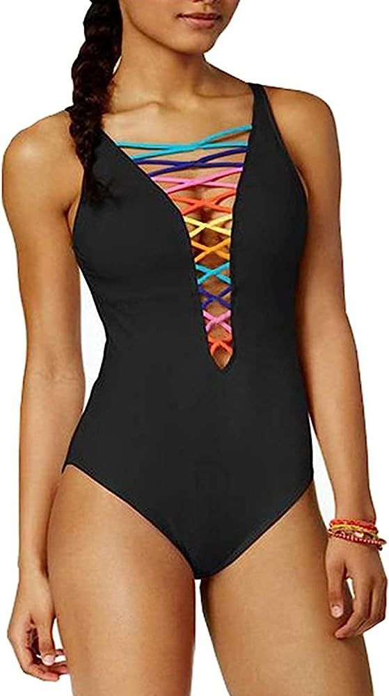 Women One-Piece Swimsuit Deep V Neck Lace Up Lattice Front Rainbow Tie Bikini | Amazon (US)