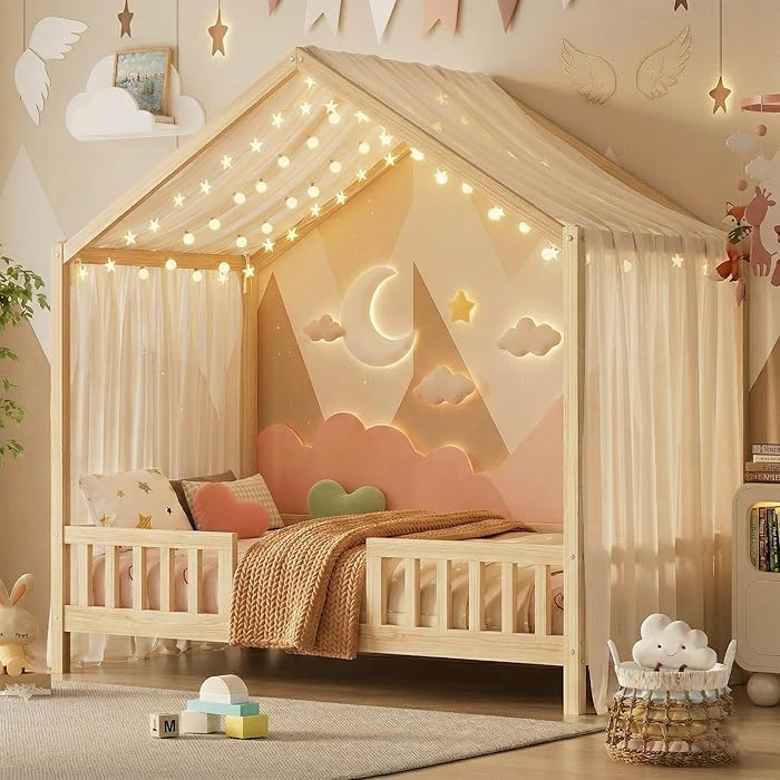 Twin Montessori Floor House Bed with High Rails, Wood Kids Low Floor Bed with Roof & Canopy, Mont... | Amazon (US)