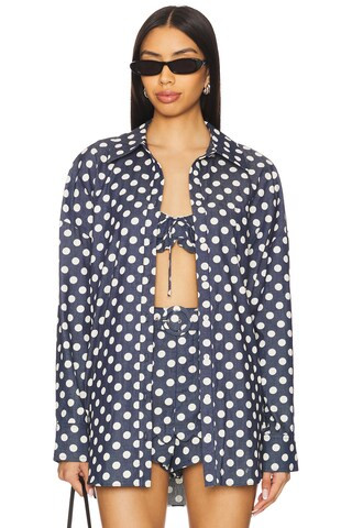 For Love & Lemons Dolly Dot Denim Button-down Top in Indigo from Revolve.com | Revolve Clothing (Global)