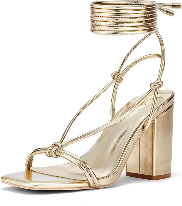 Elisabet Tang Women's Strappy Chunky Heels Sandals, Lace Up 3 inch Low Block Heels Ankle Wrap Hee... | Amazon (US)