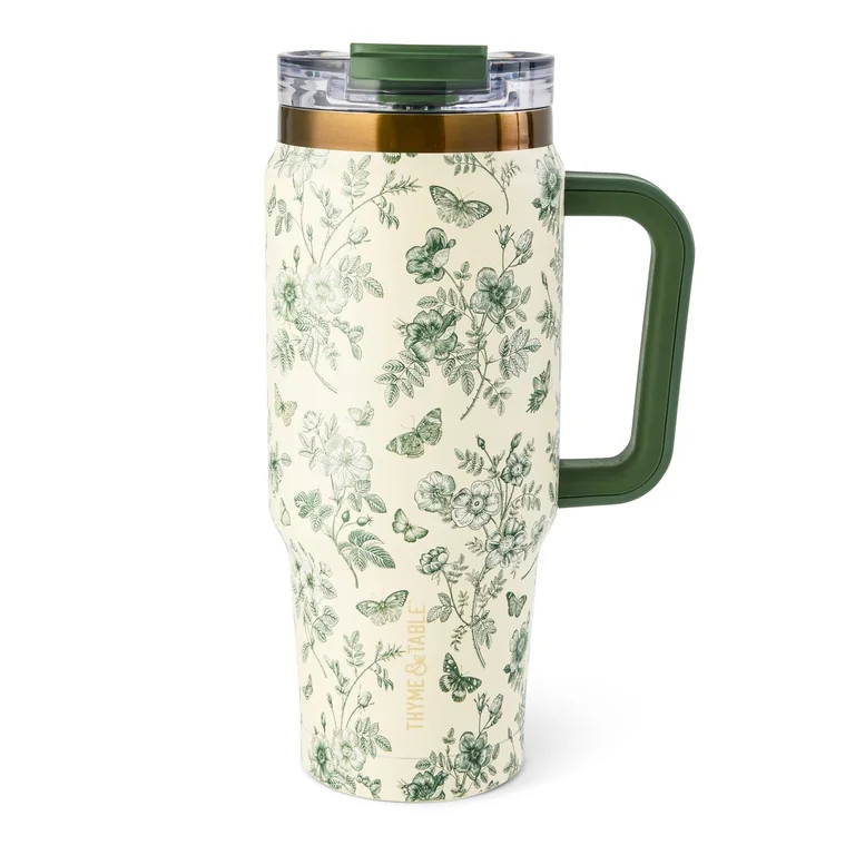 Thyme & Table 32oz Stainless Steel Luna Tumbler with Handle and Dual Straw Lid, Green Floral | Walmart (US)
