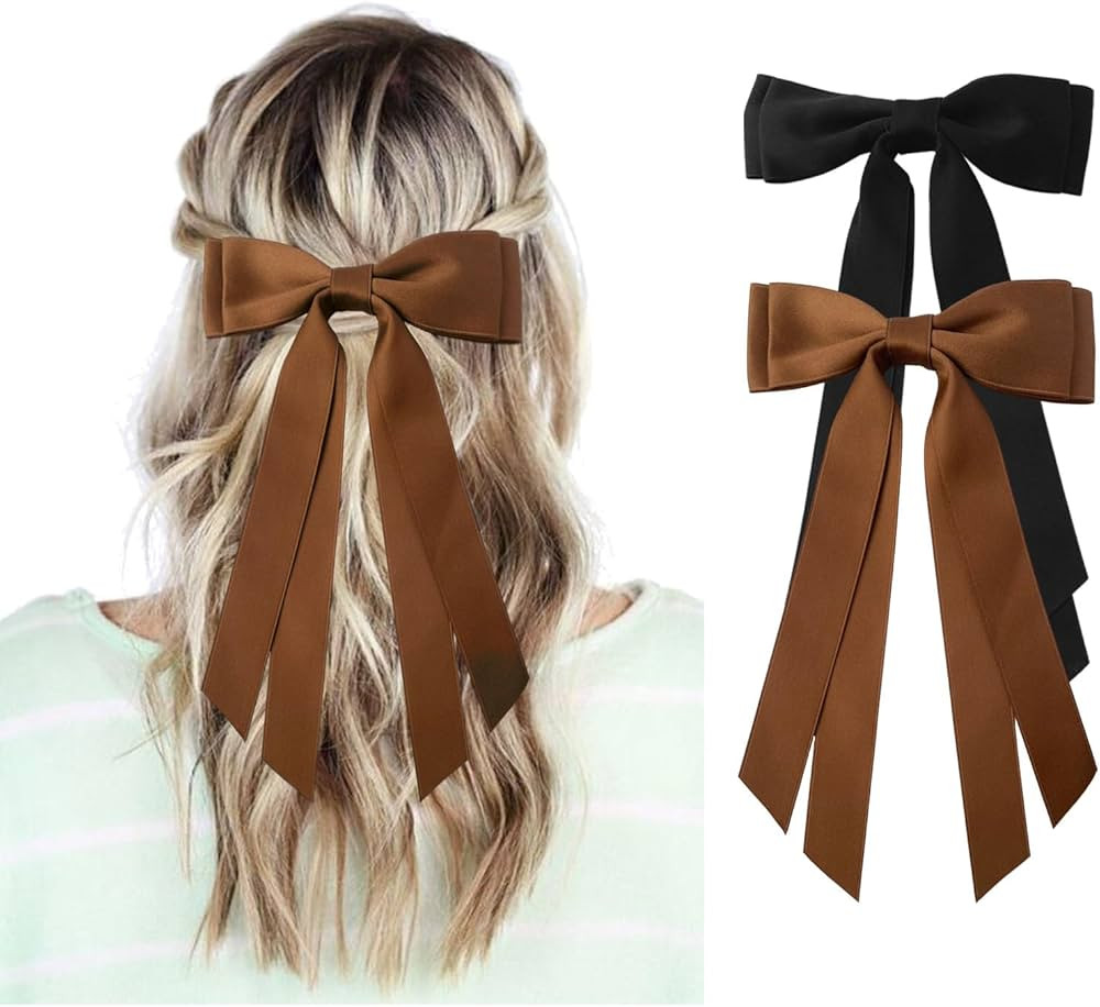 Black and Brown Hair Bows for Women - 2Pcs Silkly Satin Hair Ribbon Bow with Metal Clips Hair Acc... | Amazon (US)