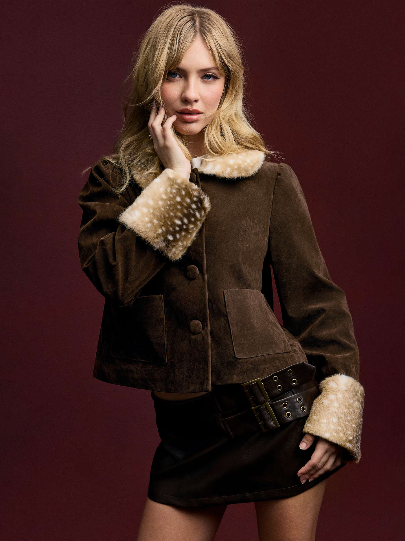 Suede Peter Pan Collar Jacket With Detachable Deer Faux Fur Collar And Cuffs | Cider
