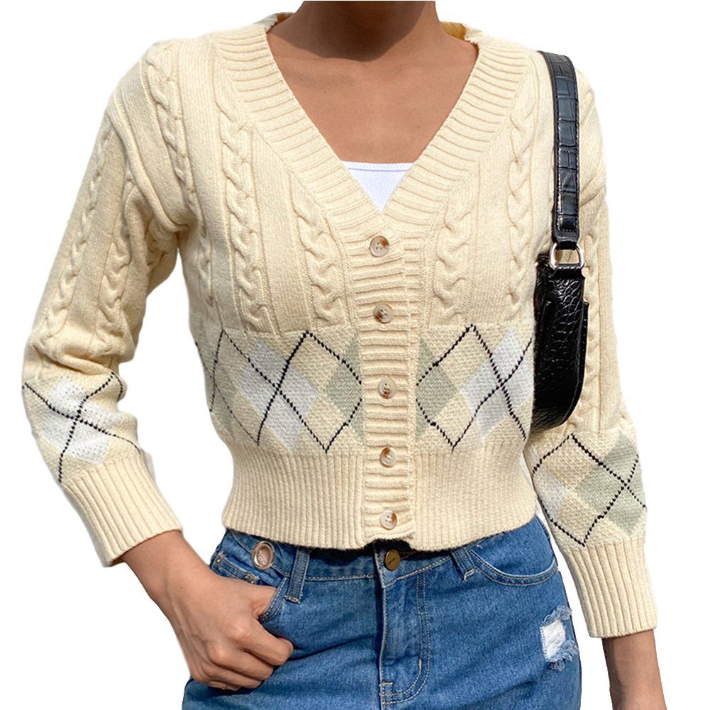 Yellow Y2K Argyle Cropped Cardigan Women Autumn Cute Casual Knitted Sweater V Neck Vintage Jumper... | Walmart (US)