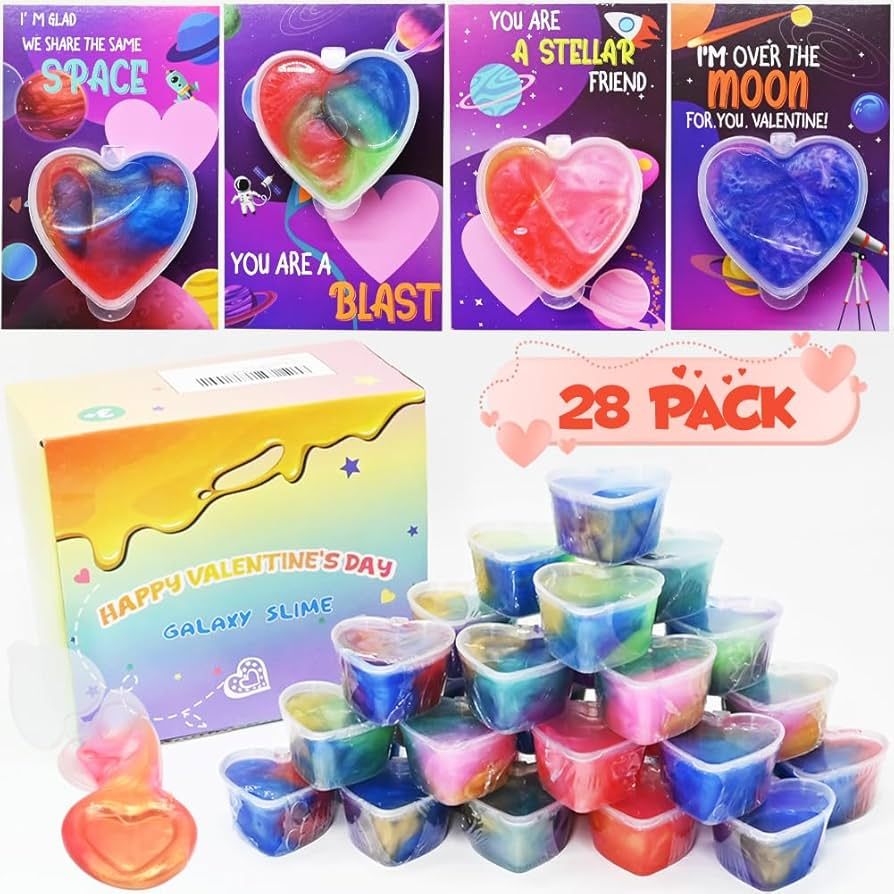 28 Pack Valentine’s Day Galaxy Gift Cards with Colorful Slime, Outer Space Themed Greeting Card... | Amazon (US)