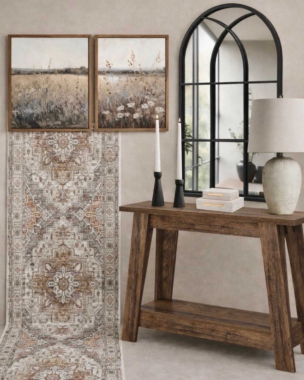 Amazon Home Finds. Follow @farmtotablecreations on Instagram for more inspiration. 

Wooden console table. Arch wall mirror, vintage runner rug, taper candle holders. Distressed, ceramic jar, table lamp, vintage inspired wall, art storage boxes. 

Entryway. Console decor. Framed art. Living Room. Living Room Decor. Cozy Corner. Amazon Home. Etsy Home Finds. Abstract framed wall art. Scalloped bowl. Amazon budget friendly. Amazon decor. 



#LTKSaleAlert #LTKHome
