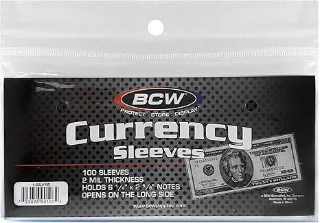BCW US Currency Clear Sleeves for Regular Bills, 2-MIL Thickness, 6-1/4" x 2-5/8" (100-Count) | Amazon (US)