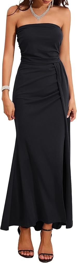 Women Formal Wedding Guest Dresses Slit Drape Maxi Bodycon Dress with Detachable Spaghetti Strap | Amazon (US)