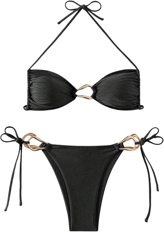 Milumia Women's 2 Piece Swimsuit Ring Linked Tie String Halter Thong Bikini Set Bathing Suits | Amazon (US)