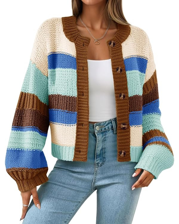 Saodimallsu Womens Striped Chunky Cardigan Sweaters Button Up Fall Trendy Color Block Long Sleeve... | Amazon (US)