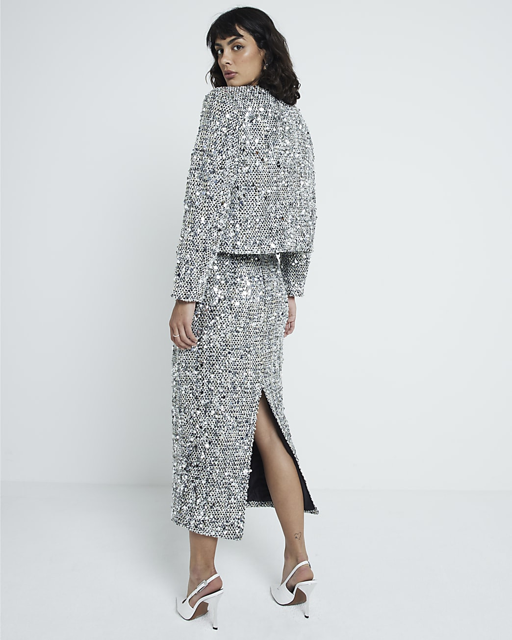 Silver sequin boucle pencil midi skirt | River Island UK & IE
