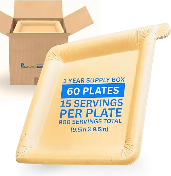 Peel Plate [Year Supply Box] 60 Plates / 900 Servings Total - Large 9.5in X 9.5in Multi-Use Reusa... | Amazon (US)