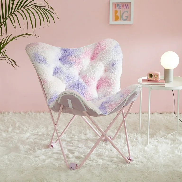 Justice Super Soft Sherpa Printed Folding Butterfly Chair With Holographic Trim, Pink | Walmart (US)