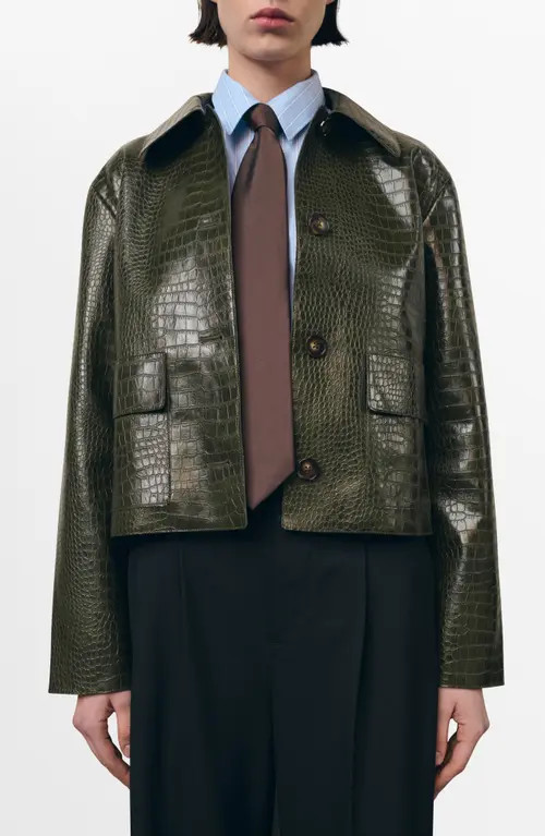 MANGO Nilo Croc Embossed Faux Leather Jacket in Khaki Green at Nordstrom, Size X-Small | Nordstrom