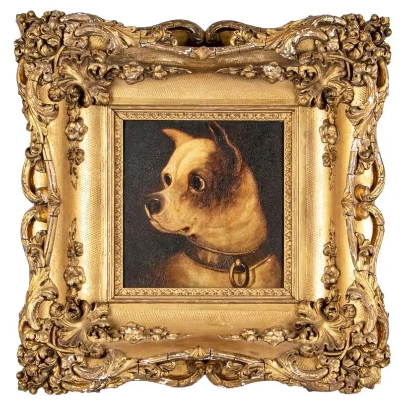 Whimsical Gilt Framed 19th C. Oil on Panel, Portrait of a Terrier | 1stDibs