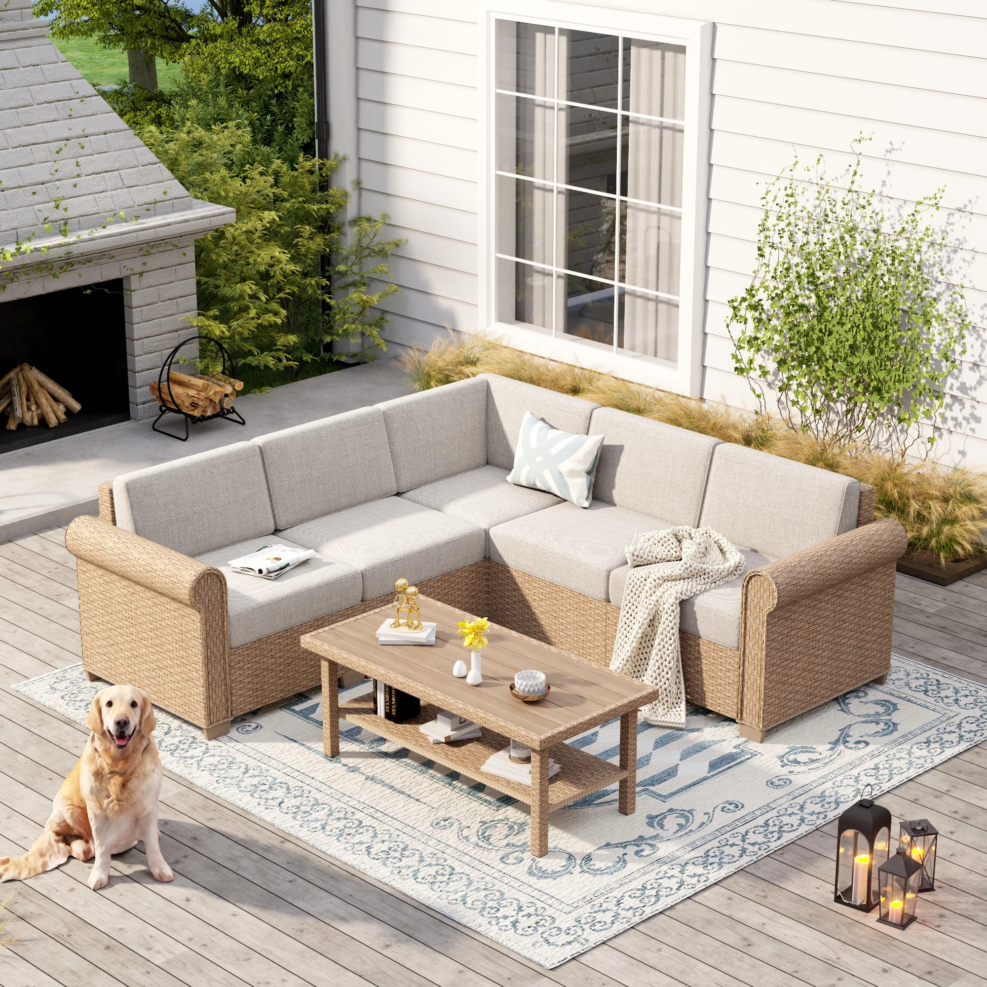 L Shape 5-seat Outdoor Conversation Sofa Set With Rattan | Wayfair North America