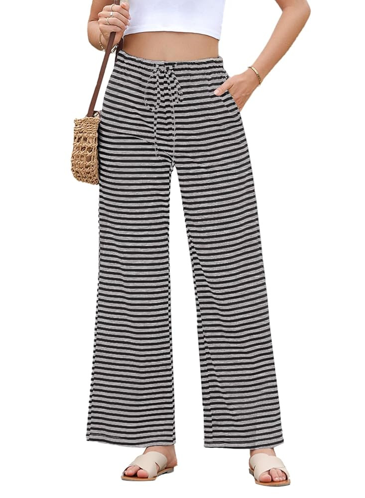 EVALESS Wide Leg Pants for Women Drawstring Elastic Waist Stripe Ribbed Sweatpants with Pockets | Amazon (US)