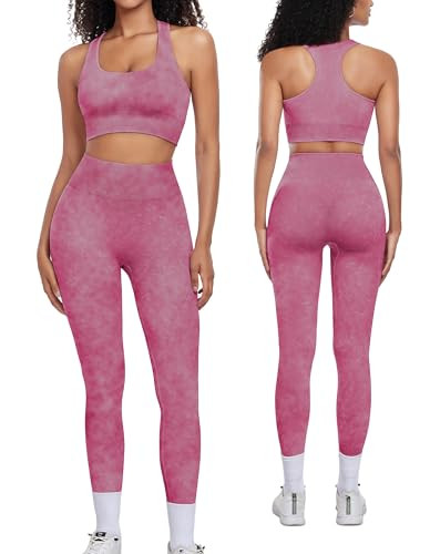 Amazon.com: OLCHEE Womens Workout Sets 2 Piece - Acid Wash Seamless Yoga Outfits High Waist Leggi... | Amazon (US)