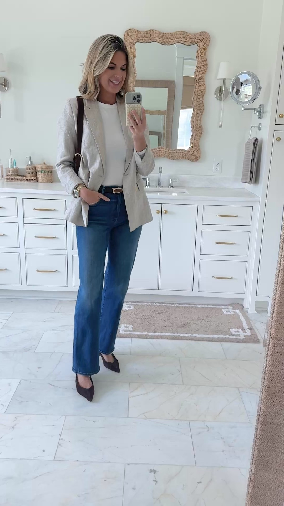 Business casual outfit idea for fall.  I am 5’11” wearing 28 in the jeans and small in the tee and blazer. Sling back shoes true to size and 20% off today.

#LTKWorkwear #LTKTall #LTKOver40