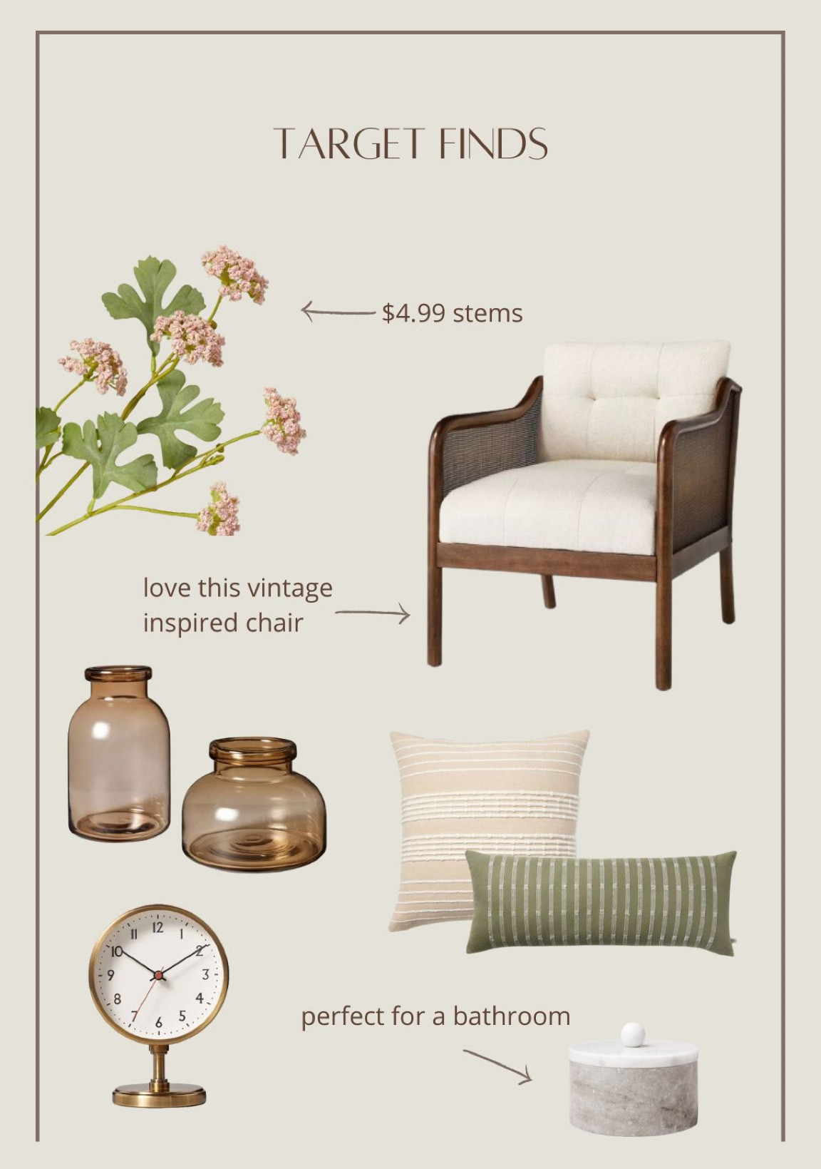Target has soooo many good items right now, I could put together 30 graphics - ha! 

Accent chair, amber glass vases, accent pillows, lumbar pillow, spring stems, sedum stems, clock, decor, canister, bathroom, home finds, living room, target finds, home decor

#LTKhome #LTKSeasonal #LTKMostLoved