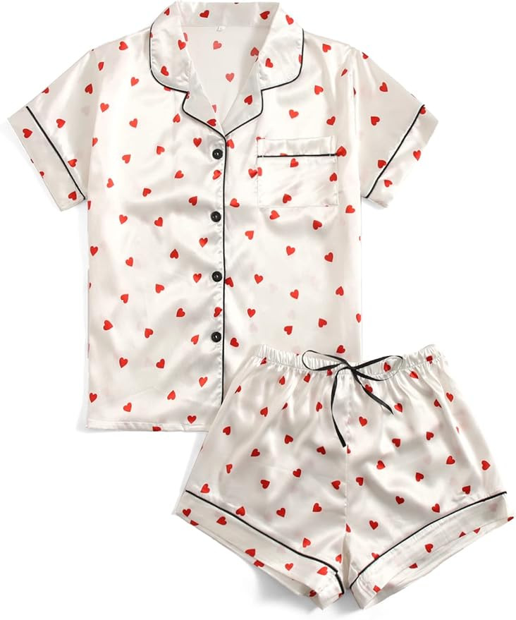 SweatyRocks Women's Short Sleeve Sleepwear Button Down Satin 2 Piece Pajama Set | Amazon (US)