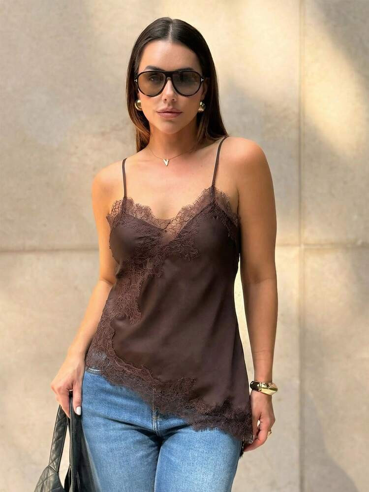 MUMRAP Women's Solid Color Contrast Lace Asymmetric Camisole, Elegant Loose Backless Sleeveless Top | SHEIN