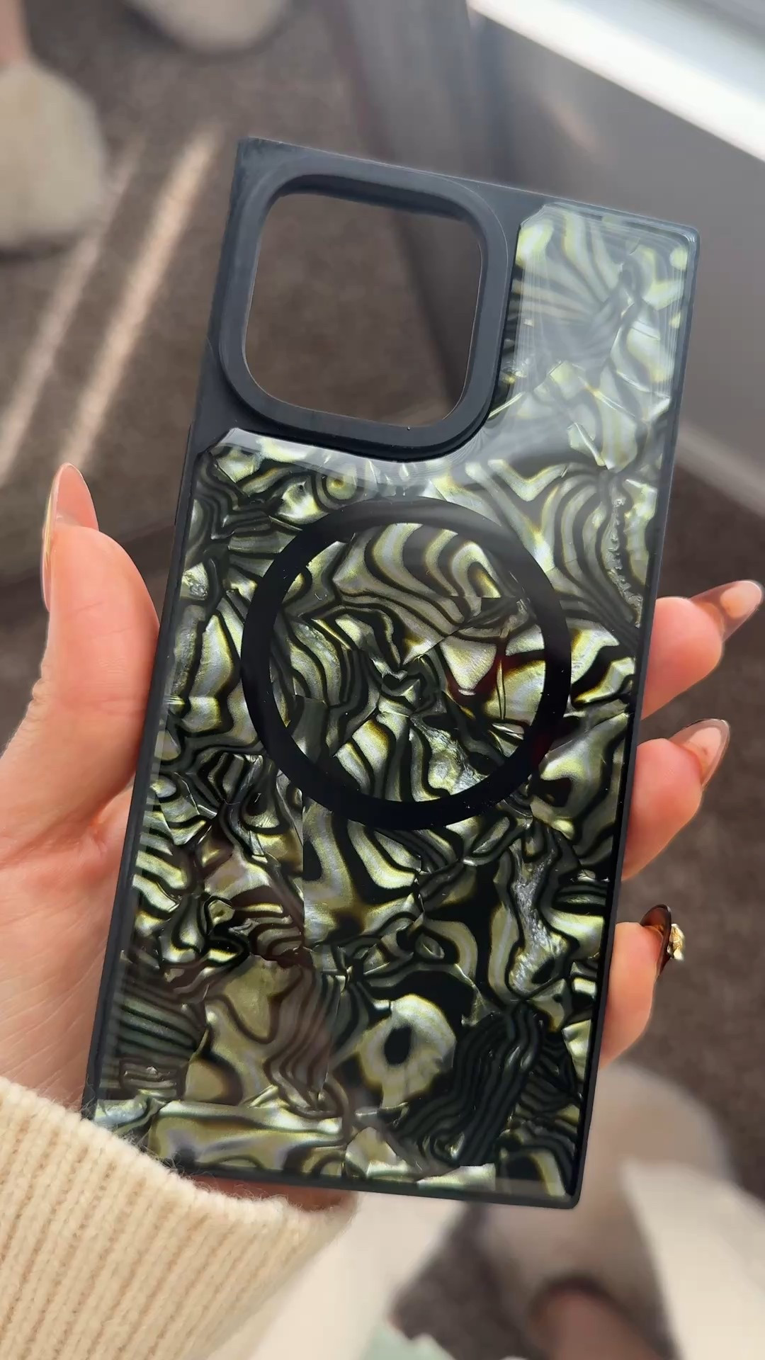 Fun rectangle square cornered iPhone case with green and black pearlescent designs 😍

#LTKmomlife
